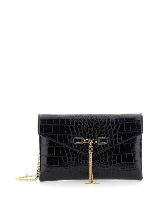 Elisabetta Franchi Black Crossbody Bag With Logo Plaque And Crocodile Effect