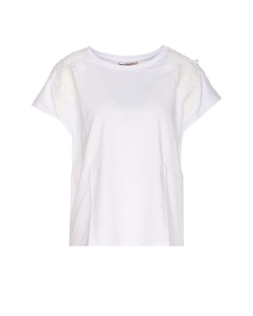 Twin Set White Cotton T-Shirt With Flower Appliqué