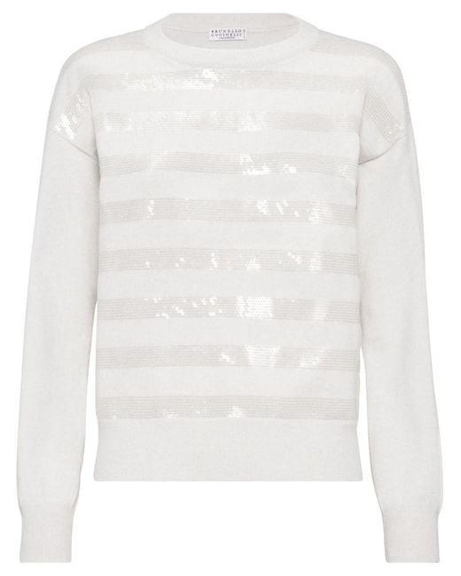 Brunello Cucinelli White Dazzling Striped Embroidered Cashmere Sweater