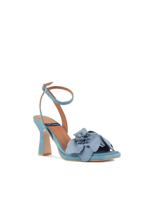 Angel Alarcon Blue Fleur Heeled Sandal With Suede Floral Trim