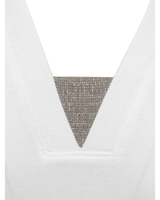 Brunello Cucinelli White Stretch Cotton Ribbed Jersey Top With Precious Insert