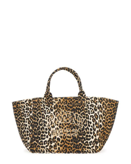 Ganni Metallic 'Xxl' Tote Bag With Logo Embroidery And Leopard Print