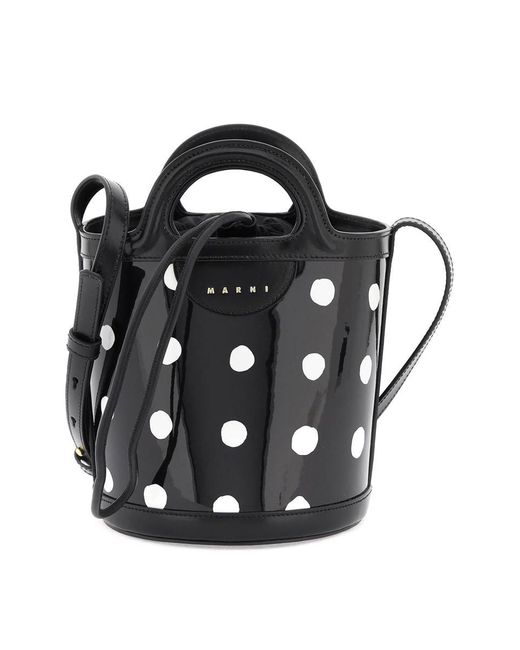 Marni Black Patent Leather Tropicalia Bucket Bag With Polka-dot Pattern