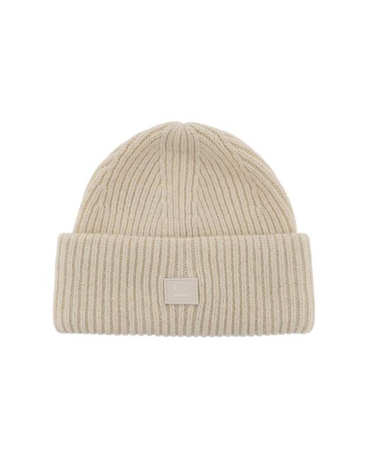 Acne Natural Ribbed Wool Beanie Hat With Cuff