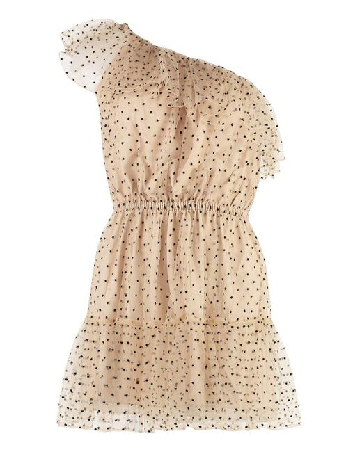 Gucci Natural Beige Mono-shoulder Dress Tulle With Polka Dot Motif All-over In Polyammide