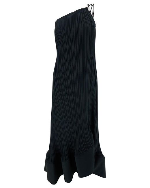 Lanvin Black Maxi One-Shoulder Pleated Dress With Beads