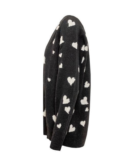 Marni Black Long Wool Cardigan With Bunch Of Hearts Motif