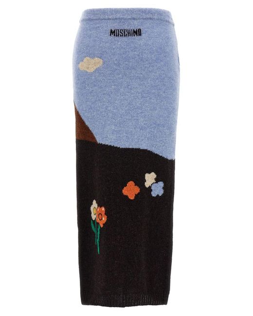 Moschino Blue Shetland Wool Knit Skirt With Landscape Intarsia