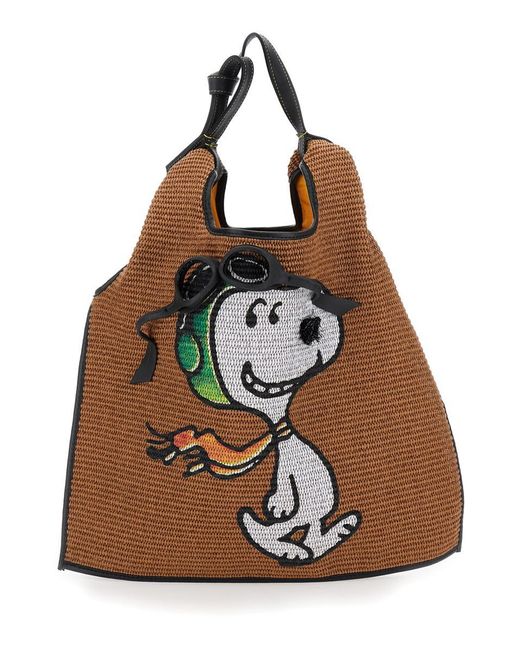 Anita Bilardi 'picasso' Brown Handbag With Snoopy Print On The Front In Raffia Woman