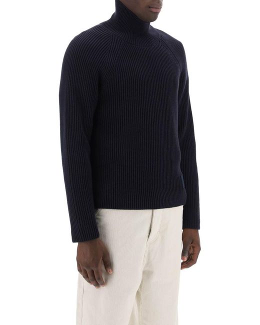 AMI Blue English Rib Funnel Neck Sweater for men