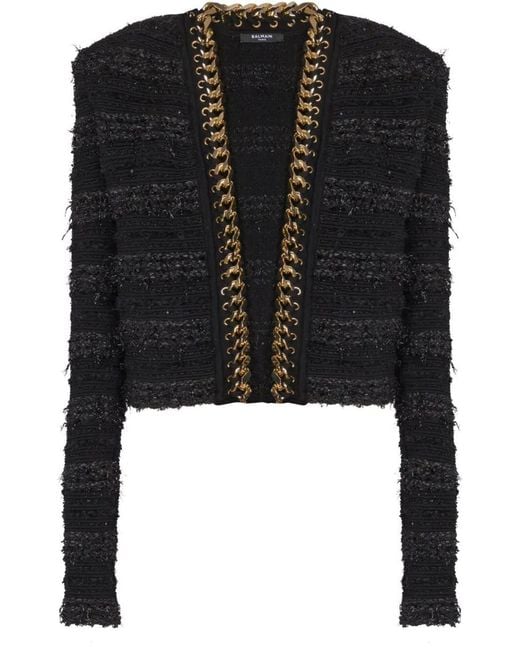Balmain Black Chains Details Side To Side Tweed Jacket