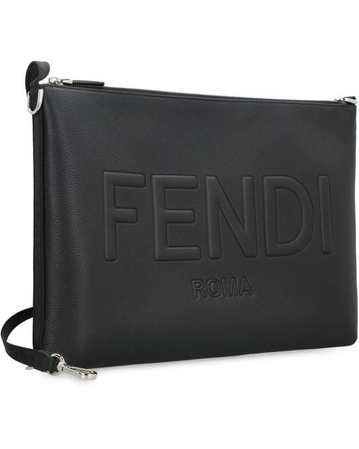 Fendi Black Grainy Leather Mini Pouch Handbag for men