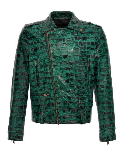 Salvatore Santoro Green Croc Print Leather Jacket for men