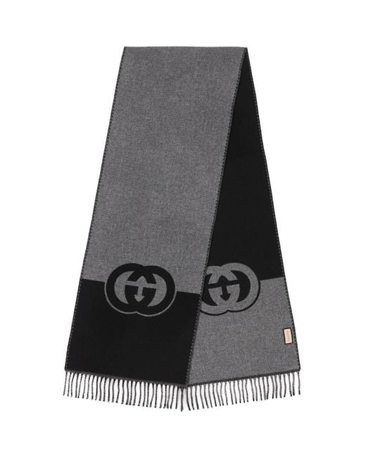 Gucci Black Fringed Logo-jacquard Wool And Cashmere-blend Scarf for men