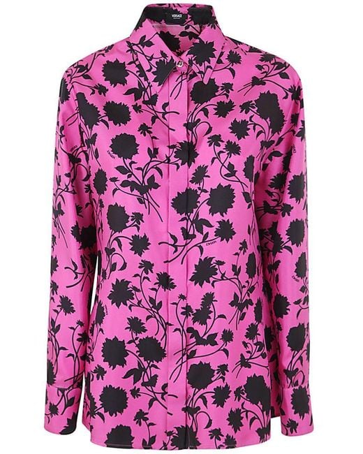 Versace Informal Shirt Floral Silhouette Print Twill Silk Fabric 50% in  Pink