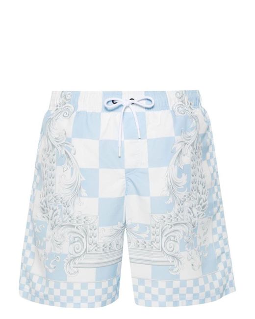Versace Blue Swim Shorts With Medusa Contrast Print And Checkered Pattern for men