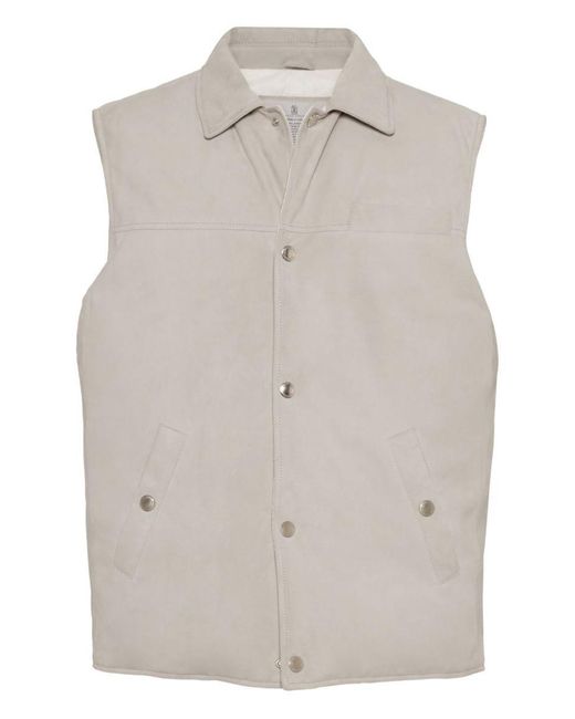 Brunello Cucinelli White Leather Down Vest for men