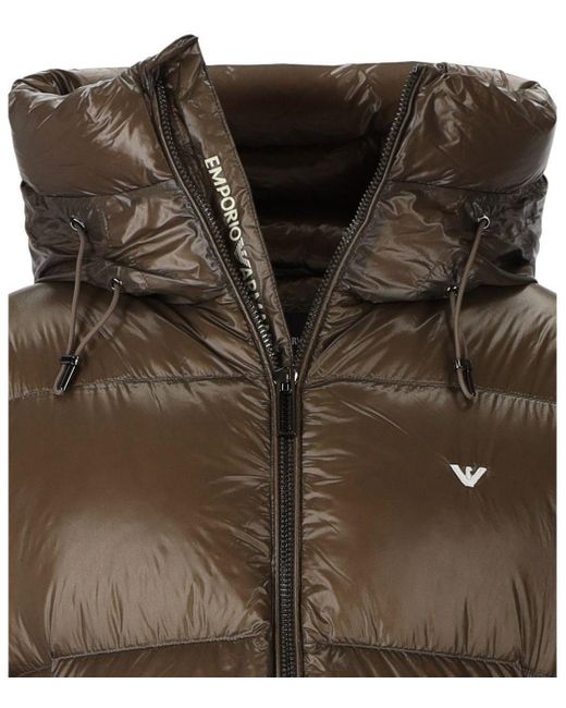 Emporio Armani Green Brown Hooded Down Jacket With Logo for men