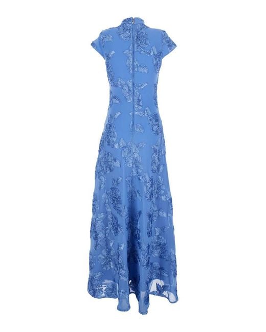 ROTATE BIRGER CHRISTENSEN Blue Long Dress With High Neck And All-Over Floral Motif