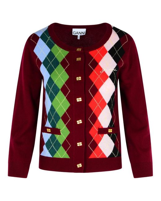 Ganni Red Burgundy Merino Wool Blend Check Cardigan