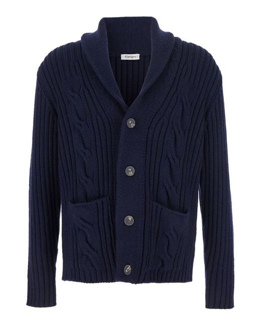 Kangra Cashmere Blue Cardigan With Shawl Collar And Interwoven Design for men