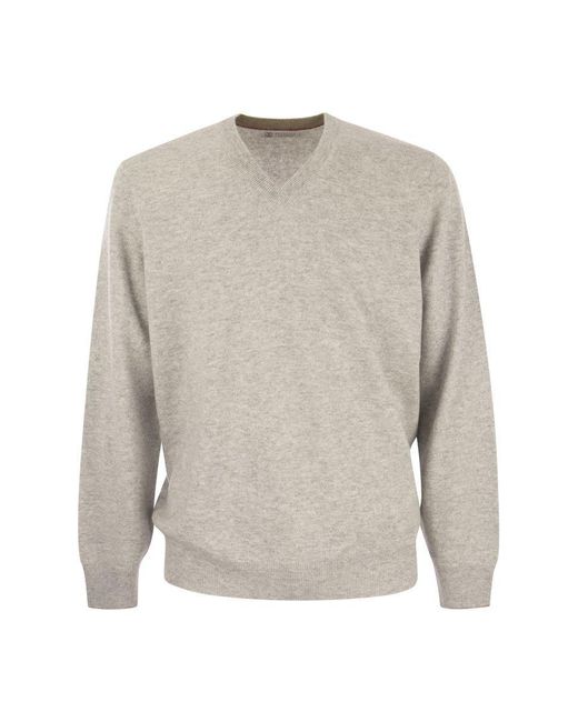 Brunello Cucinelli White Cashmere V-neck Sweater for men