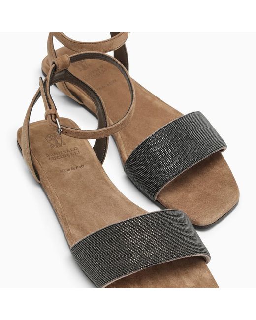 Brunello Cucinelli Natural Suede Sandal With Beads