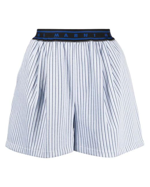 Marni Blue Striped Shorts With Logo Belt