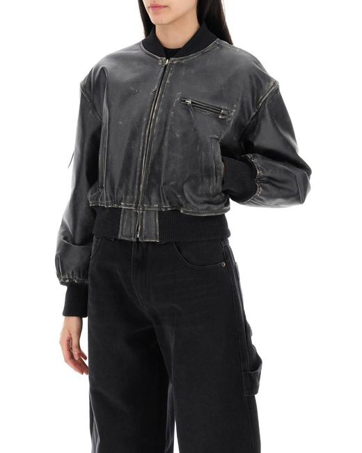 Acne Black Aged Leather Bomber Jacket With Distressed Treatment
