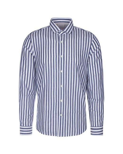 Brunello Cucinelli Blue Striped Long-sleeved Shirt for men