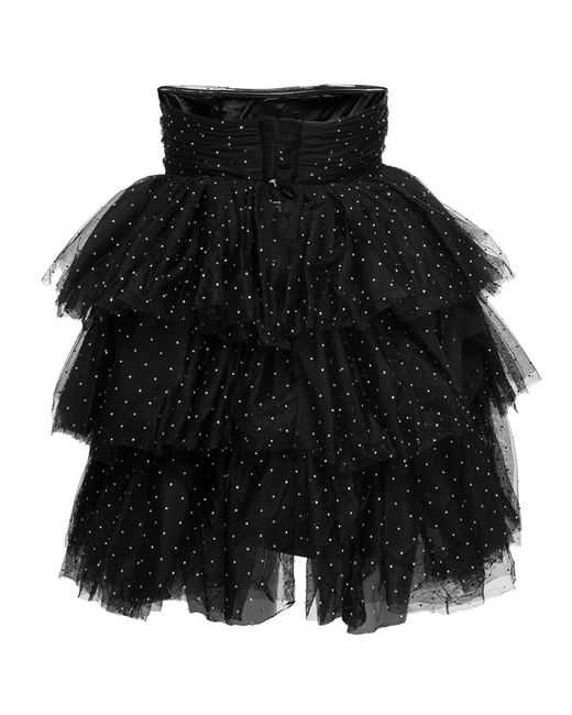 ROTATE BIRGER CHRISTENSEN Black Mini Flounced Dress With All-Over Rhinestones Embellishment