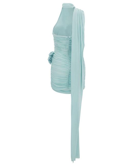 Magda Butrym Blue Light Draped Mini Dress With Roses Applications