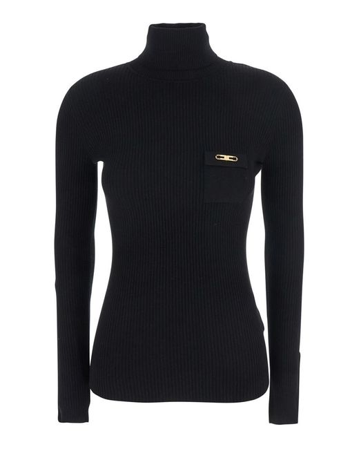 Elisabetta Franchi Black Turtle-Neck Jumper With Logo Plaque On The Front