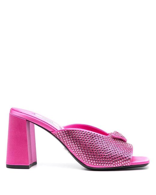 Prada Pink Crystal-studded High-heeled Satin Slides