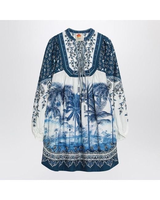 Farm Rio Blue Linen-Blend Dress With Palm Print
