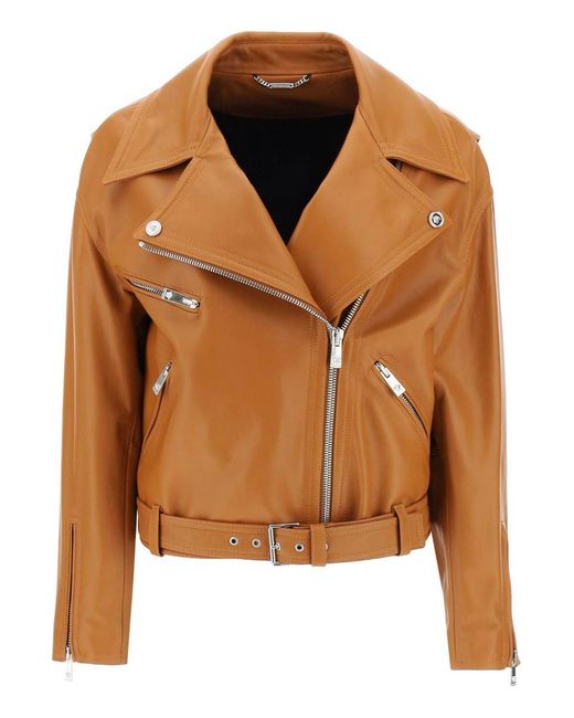 Versace Brown Biker Jacket In Leather