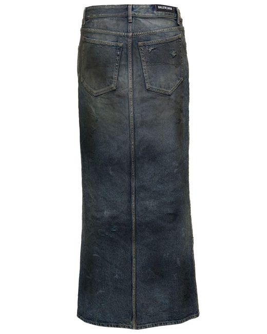 Balenciaga Gray Dark Blue Maxi Skirt With Crinkled Effect With Logo Patch In Cotton Denim Woman