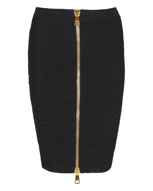 Balmain Black Hw Zipped Croco Knit Knee Lenght Skirt
