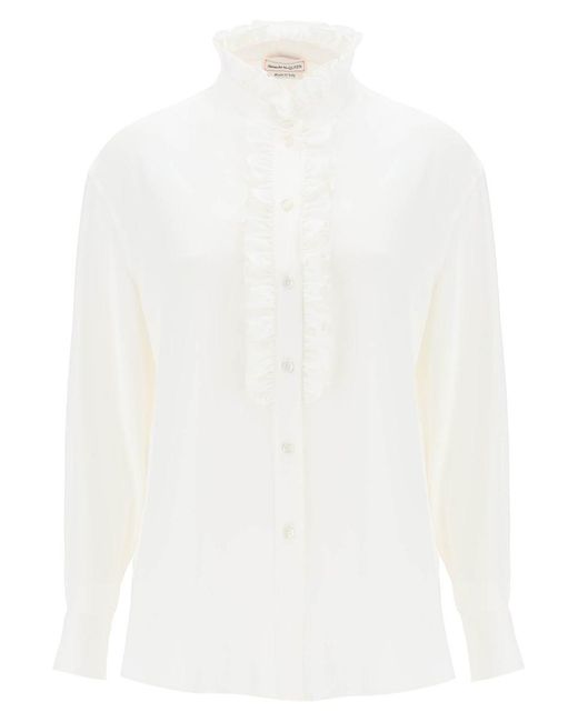 Alexander McQueen White Silk Satin Shirt With Ruffles