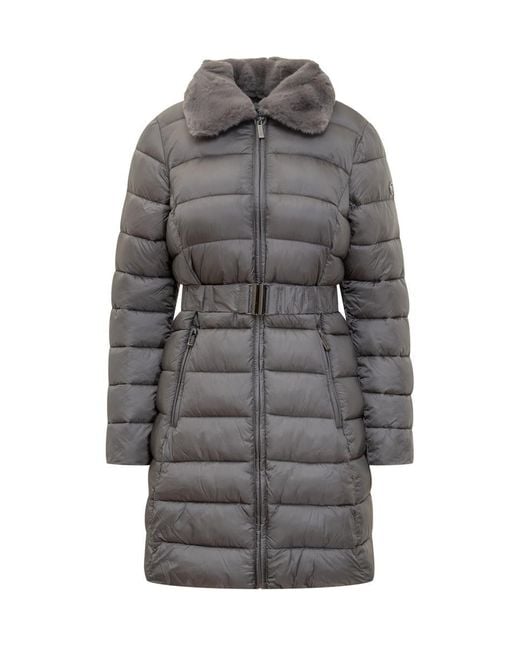 Michael Kors Gray Grey Long Down Jacket With Belt And Fur Collar