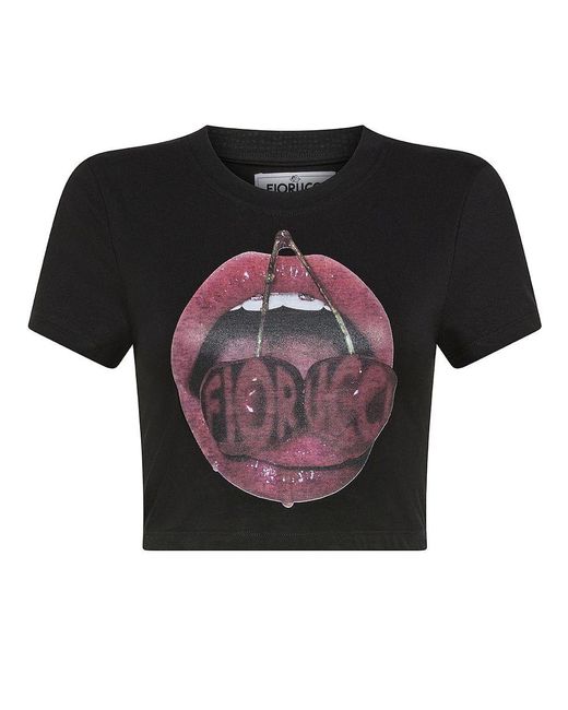 Fiorucci Black Cotton Stretch T-Shirt With Mouth And Cherry Print