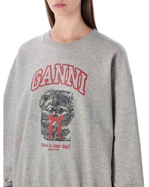 Ganni Gray Kitty Graphic Sweatshirt