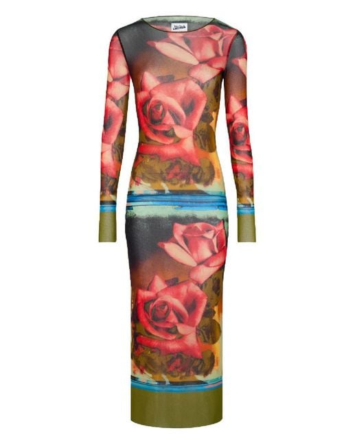 Jean Paul Gaultier Red Roses Print Mesh Long Dress