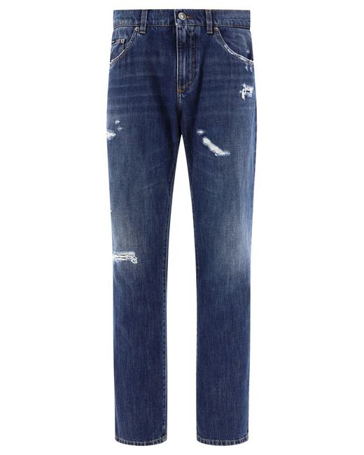 Dolce & Gabbana Blue Straight Leg Jeans With Ripped Details for men