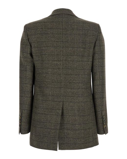 Plain Green Double-Breasted Jacket With Peak Revers And All-Over Striped Motif