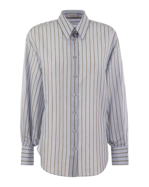 Brunello Cucinelli Gray Sparkling Stripe Cotton-Silk Poplin Shirt With Necklace