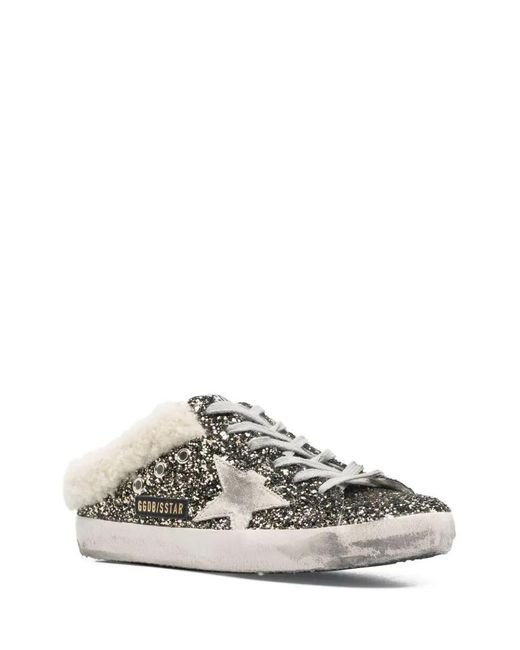 Golden Goose Deluxe Brand White Super-Star Sabot Glitter Upper Suede Star Shearling Lining