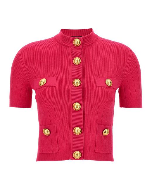Balmain Red Logo Buttons Cardigan Sweater, Cardigans