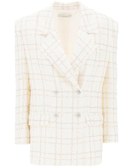 Alessandra Rich White Oversized Tweed Jacket With Plaid Pattern
