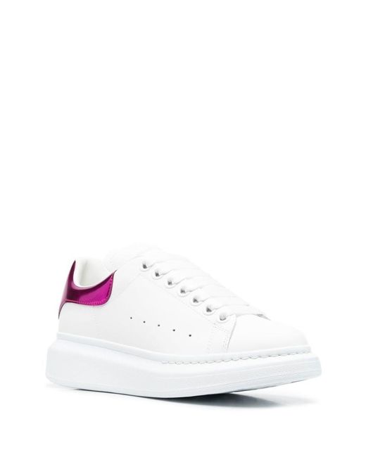 Alexander McQueen White Sneakers With Platform And Metallic Fuchsia Heel Tab In Leather